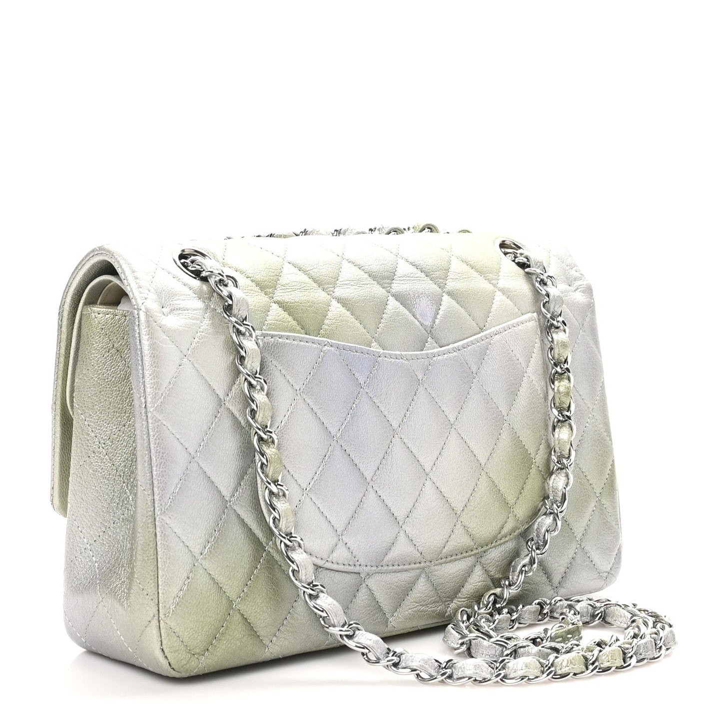 Metallic Goatskin Quilted Ombre Medium Double Flap Grey Green