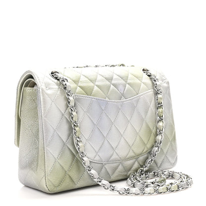Metallic Goatskin Quilted Ombre Medium Double Flap Grey Green
