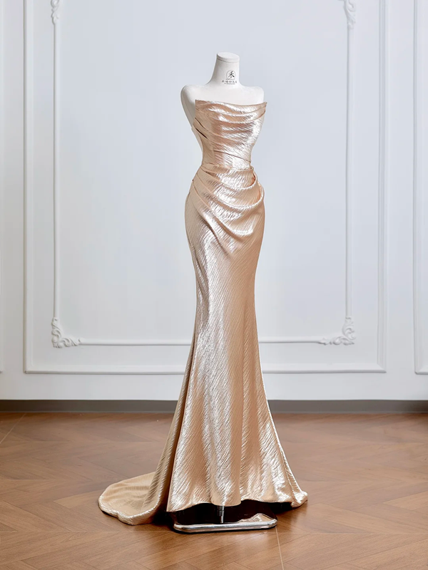 Rose gold strapless, fitted, bodycon, sexy long ball gown R8207
