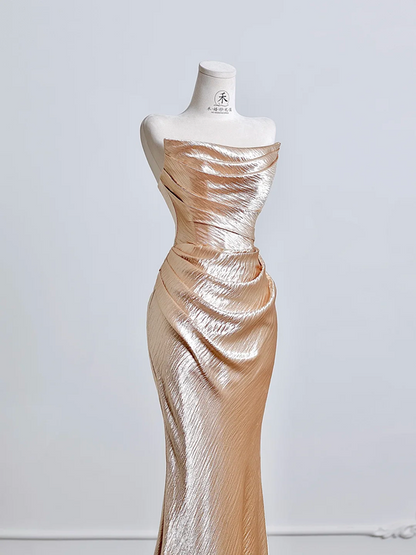 Rose gold strapless, fitted, bodycon, sexy long ball gown R8207