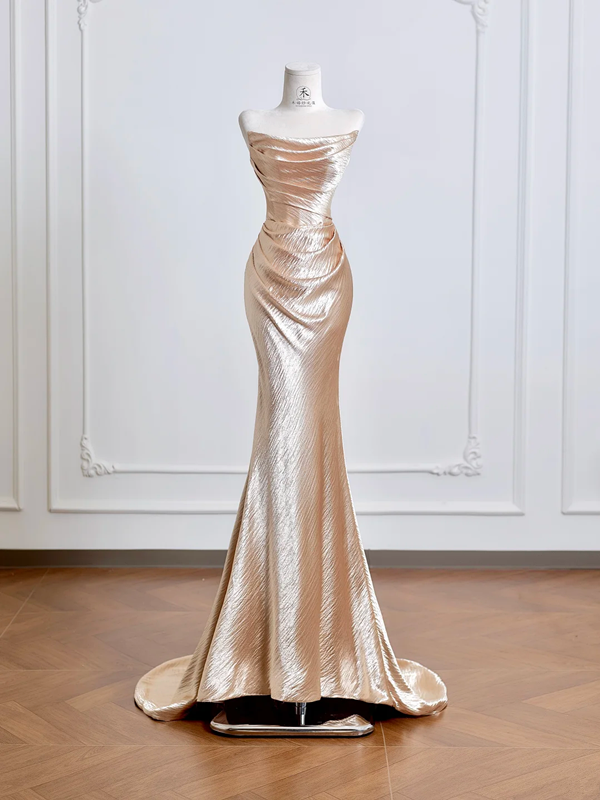 Rose gold strapless, fitted, bodycon, sexy long ball gown R8207