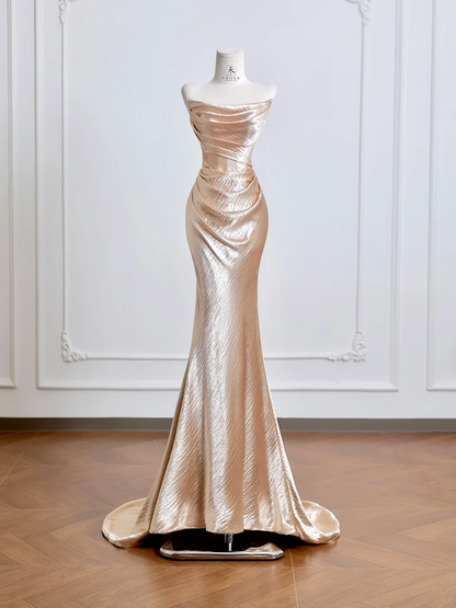 Rose gold strapless, fitted, bodycon, sexy long ball gown R8207