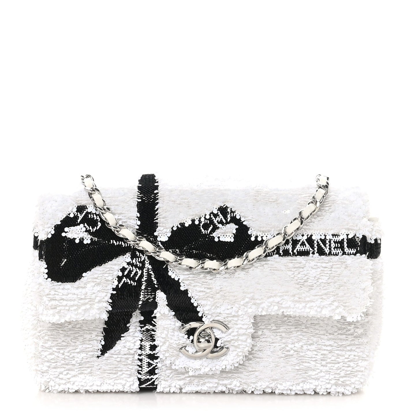 Sequin Ribbon Mini Rectangular Flap White Black
