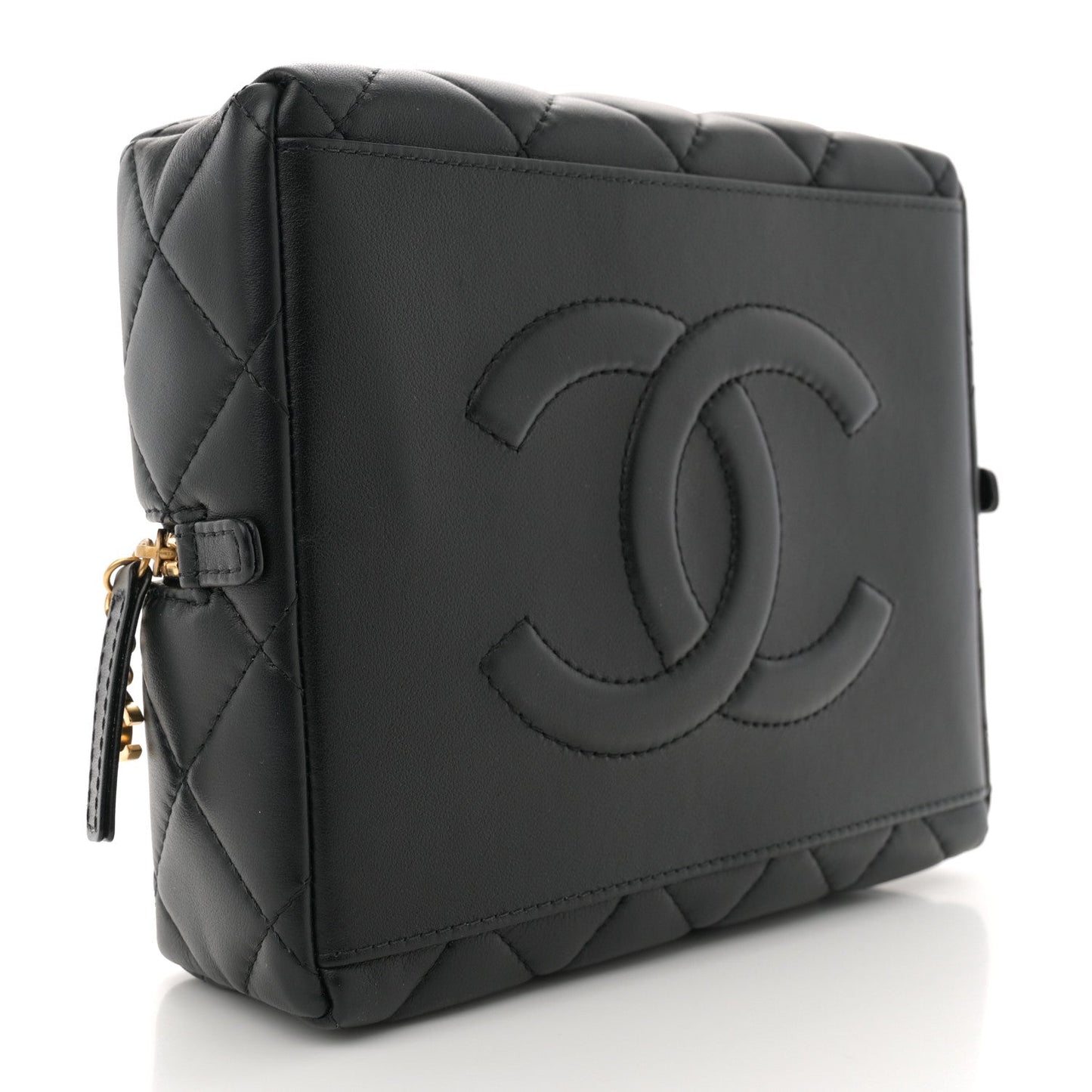 Calfskin Quilted Square Top Handle Vanity Case Black