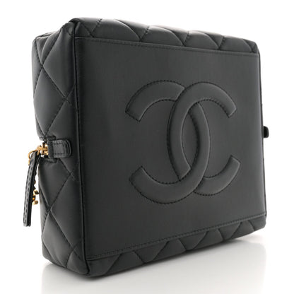 Calfskin Quilted Square Top Handle Vanity Case Black
