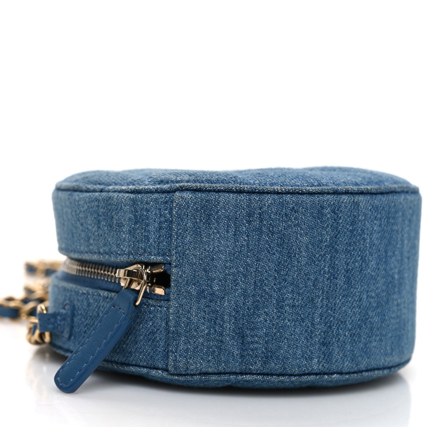 Denim Quilted Round Pearl Crush Clutch With Chain Blue