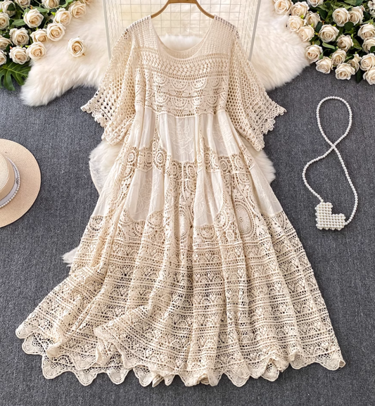 2025 new hollow hook flower knitted dress mid-length sleeve dress elegant and fashionable loose R0337