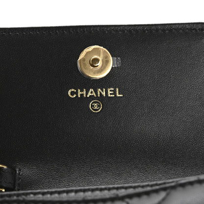 Lambskin Quilted Flap Card Holder With Cuff Black