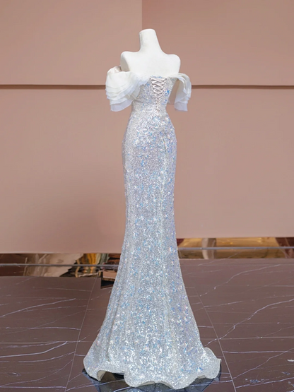 Light apricot off-the-shoulder neckline, fitted waist, bodycon long ball gown, bridal dress R8350