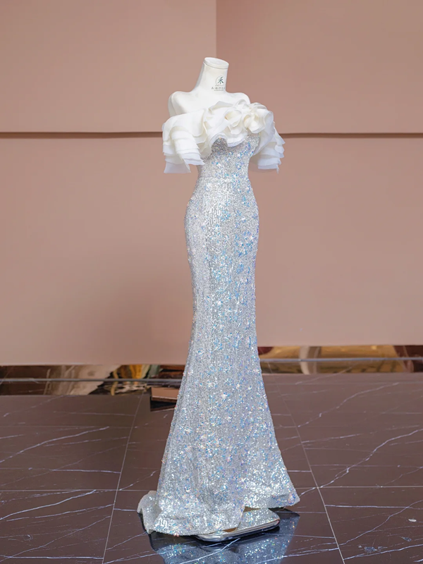 Light apricot off-the-shoulder neckline, fitted waist, bodycon long ball gown, bridal dress R8350