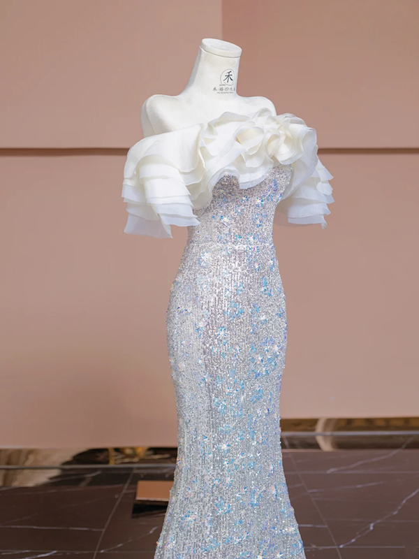 Light apricot off-the-shoulder neckline, fitted waist, bodycon long ball gown, bridal dress R8350