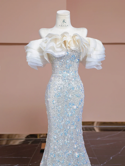 Light apricot off-the-shoulder neckline, fitted waist, bodycon long ball gown, bridal dress R8350