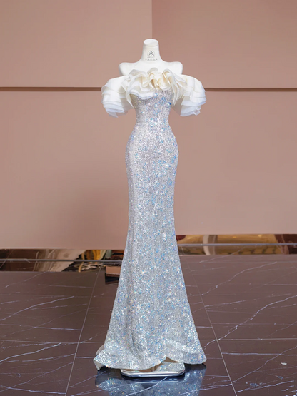 Light apricot off-the-shoulder neckline, fitted waist, bodycon long ball gown, bridal dress R8350