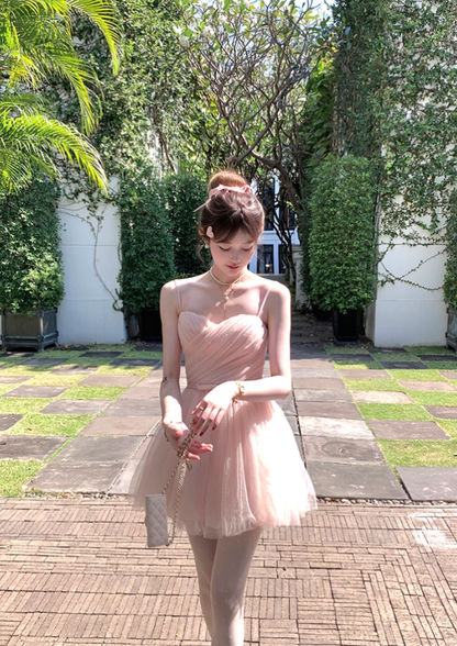 Pink waist chiffon suspender dress for women summer French retro temperament slim skirt R4866