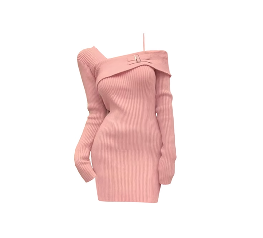 Hot girl off-shoulder knitted dress 2025 new design pure desire inner sweater dress slimming R0148