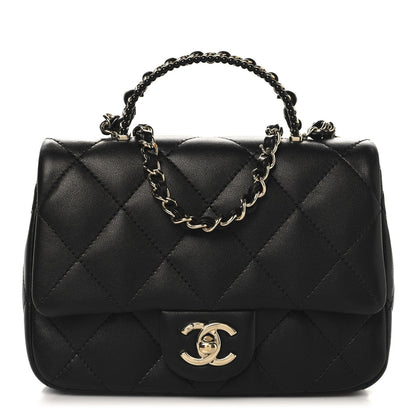 Lambskin Quilted Resin Pearl Chain Top Handle Flap Black