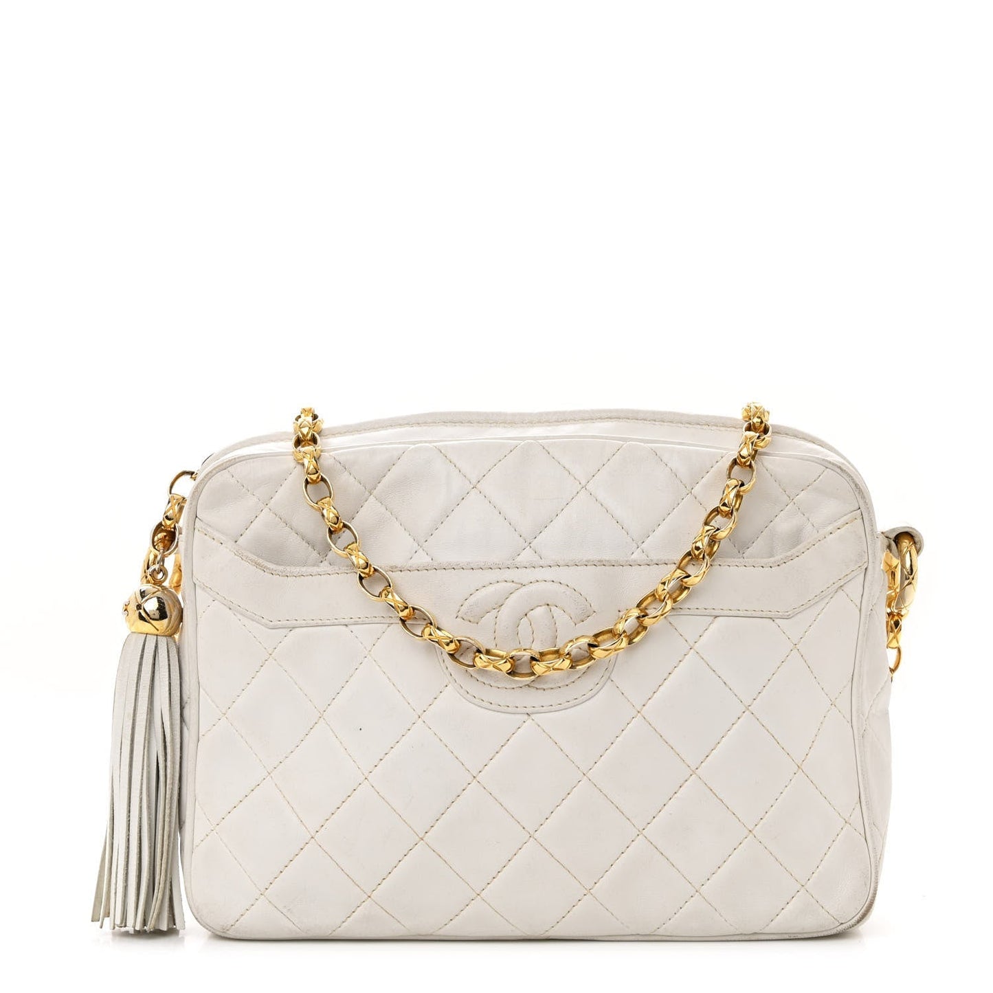 Lambskin Quilted Tassel Camera Case White
