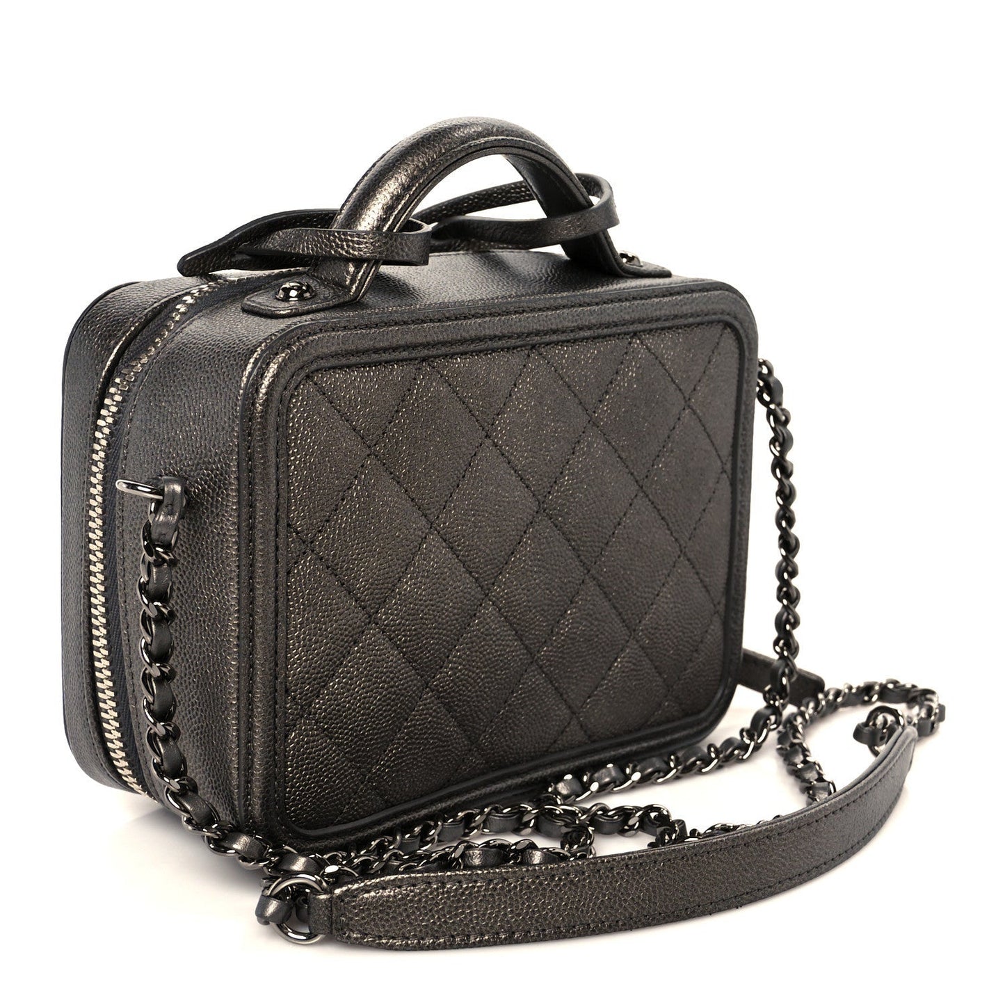 Metallic Caviar Quilted Small CC Filigree Vanity Case Dark Silver