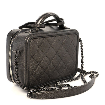 Metallic Caviar Quilted Small CC Filigree Vanity Case Dark Silver
