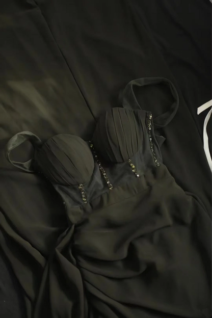 Black halter-neck fitted long ball gown R6783