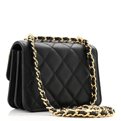 Shiny Caviar Quilted Clutch With Chain Black