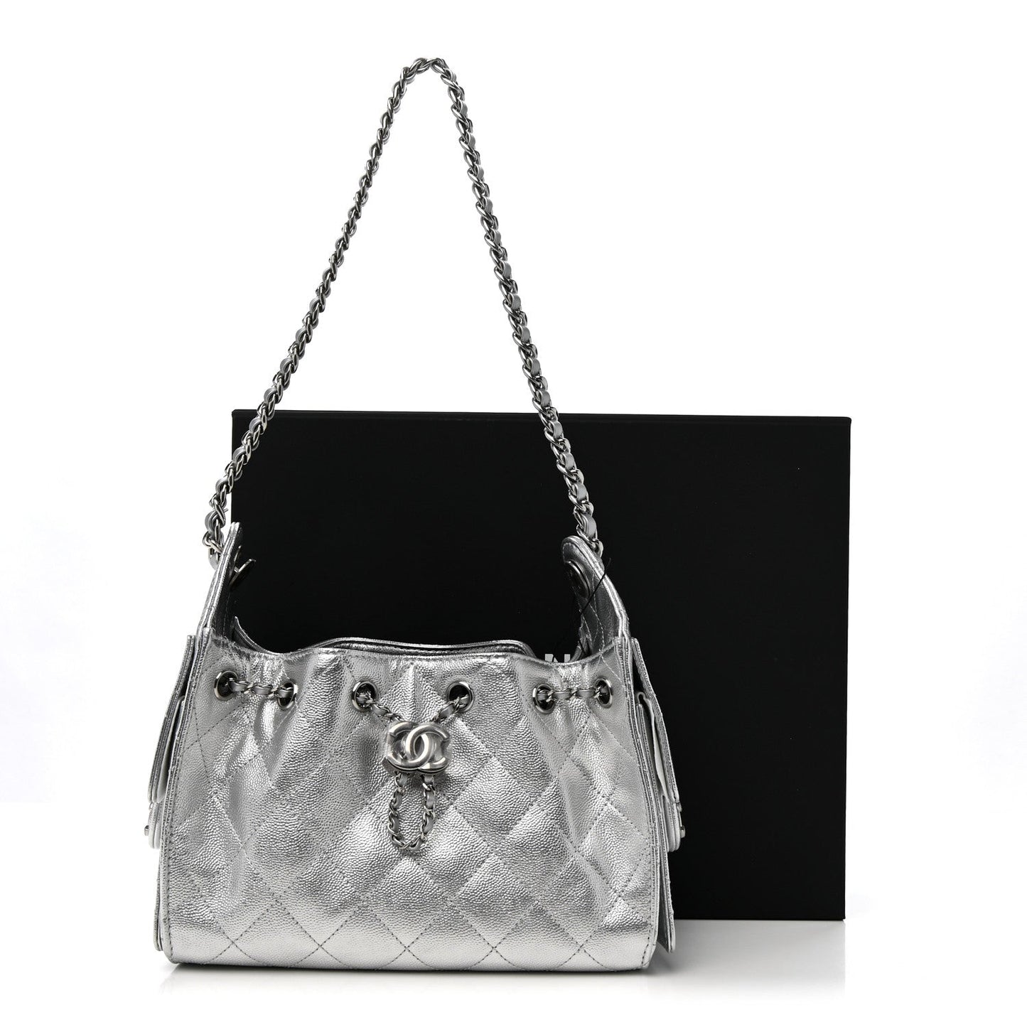 Metallic Caviar Quilted Mini Chanel 25 Handbag Silver