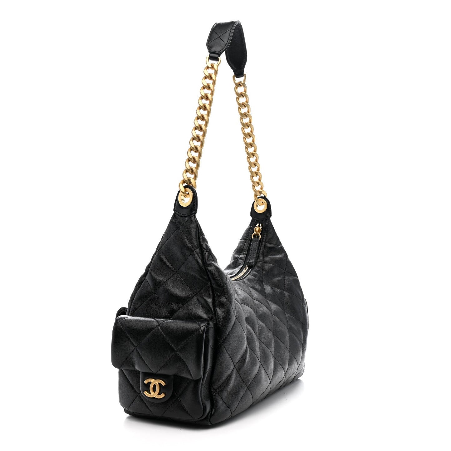 Shiny Lambskin Quilted Trendy Pockets Hobo Black