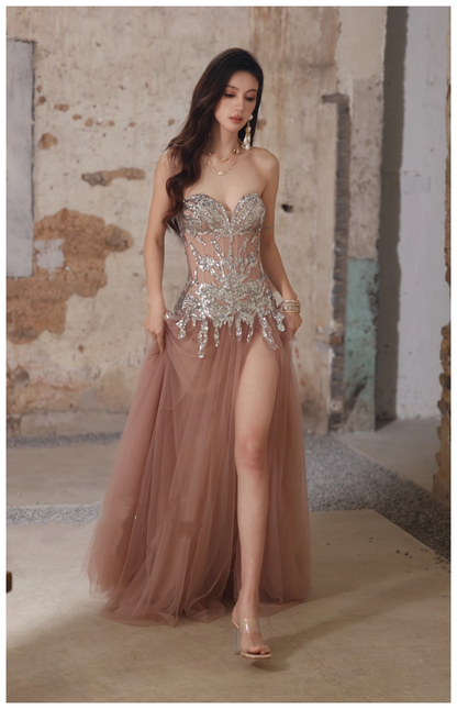 Pretty Pink Sweetheart Neck Tulle Sequin A Line Slit Long Evening Dress Party Gown