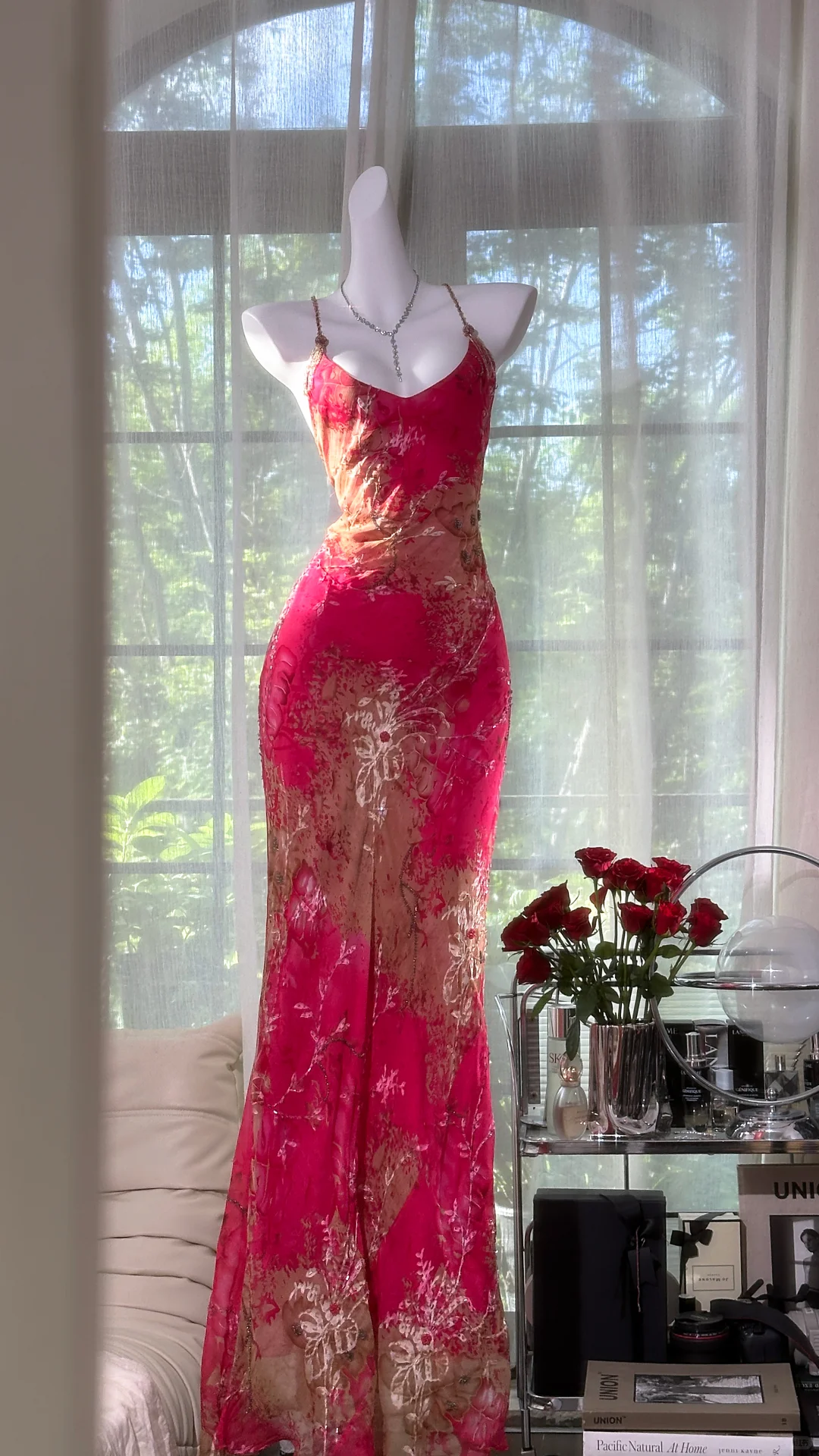 Pretty Spaghetti Straps Red Chiffon Printed Floral Beaded Mermaid Evening Dress Long Prom Gown