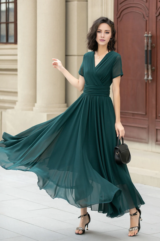 - V-neck short sleeved chiffon flowing long Prom dress