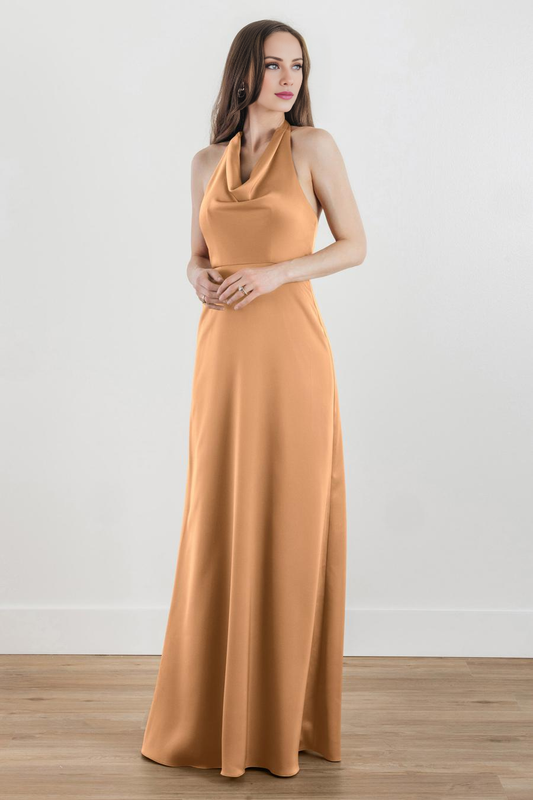 halter neckline off shoulder sleeveless satin backless and floor length evening dress