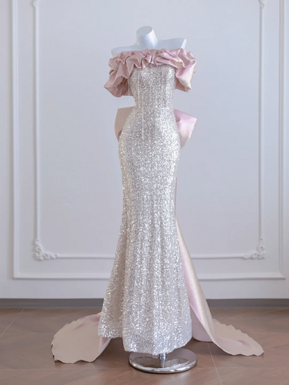 Light pink off-the-shoulder neckline with silver sequins, fitted waist, bodycon silhouette, sexy long ball gown R8276