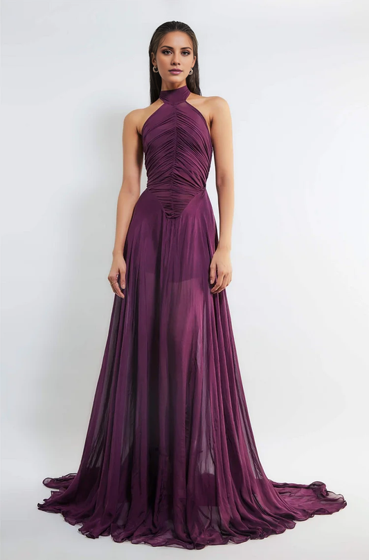 halter neckline off shoulder sleeveless backless and floor length Prom dress