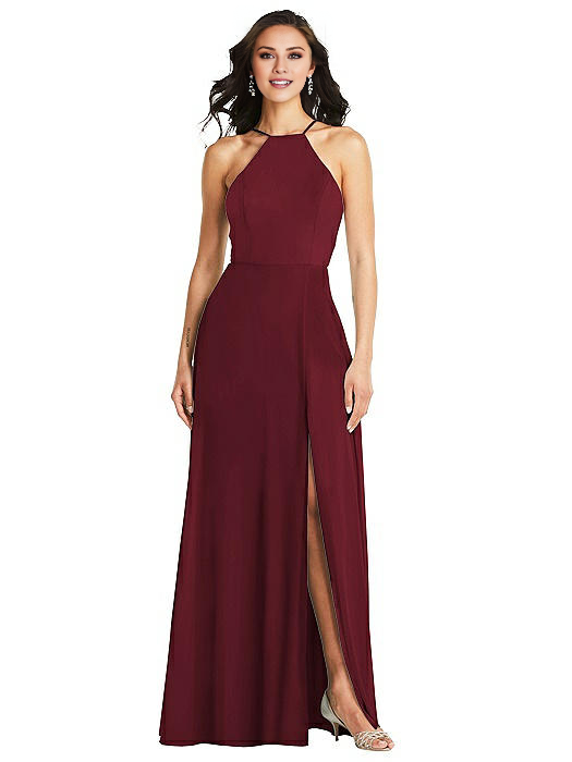 halter neck off shoulder sleeveless backless side slit and floor length Prom dress