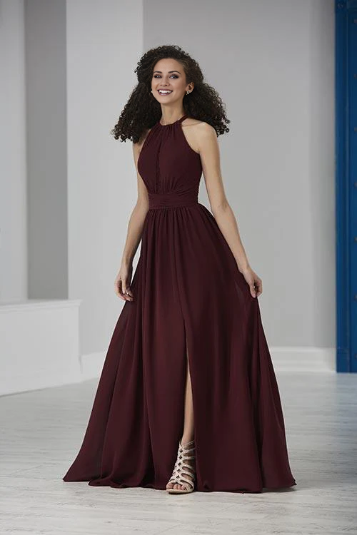 halter neckline off shoulder sleeveless backless side slit and floor length Prom dress