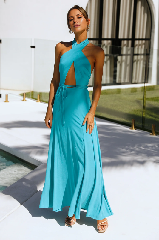 halter neckline sleeveless backless long Prom dress