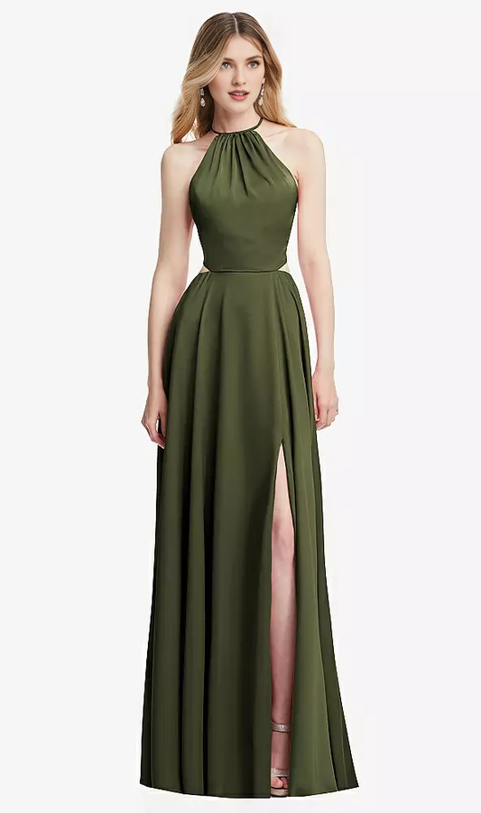 Hanging neck cross strap pleated back strap hollowed out long Prom dress