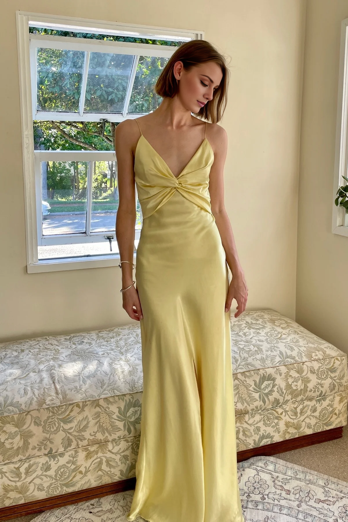 chic yellow thin shoulder strap long Prom dress
