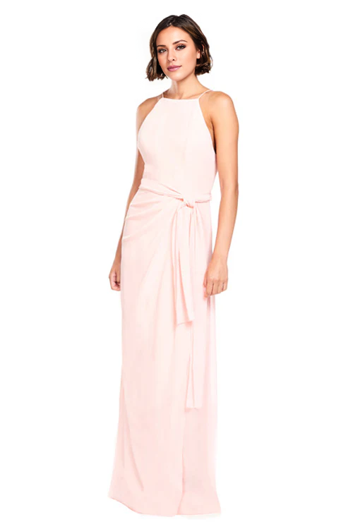 halter neckline off shoulder sleeveless thin shoulder strap off back and floor length Prom dress