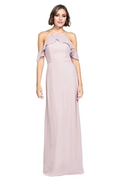 halter neckline sleeveless thin shoulder strap backless and floor length Prom dress