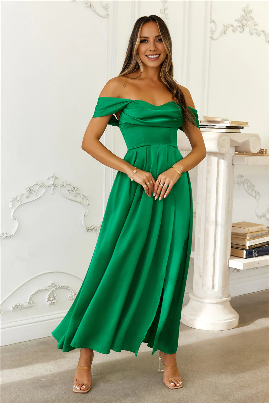 Off Shoulder Satin Back Strap Long Prom Dress