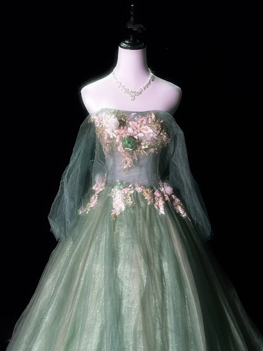 Green off-the-shoulder fitted waist slim-fitting ball gown with a full skirt R8673