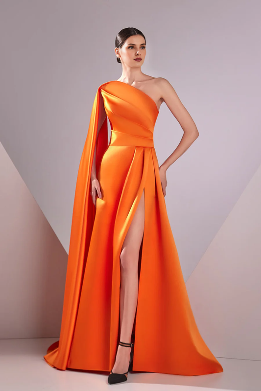 A-line evening gown elegant formal and floor length sleeveless single shoulder pocket satin pleated 2026 gowns evening dresses