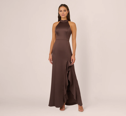 satin backless ruffled mermaid long Prom dress