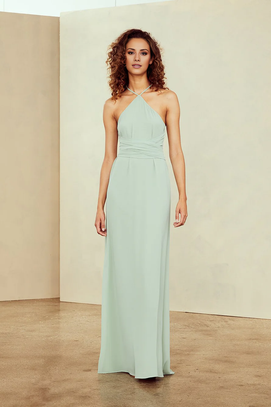 halter neckline off shoulder sleeveless backless and floor length evening dress