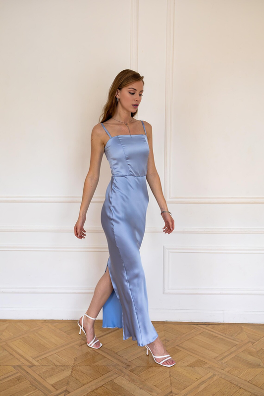 - Thin shoulder strap square neck side slit and floor length Prom dress