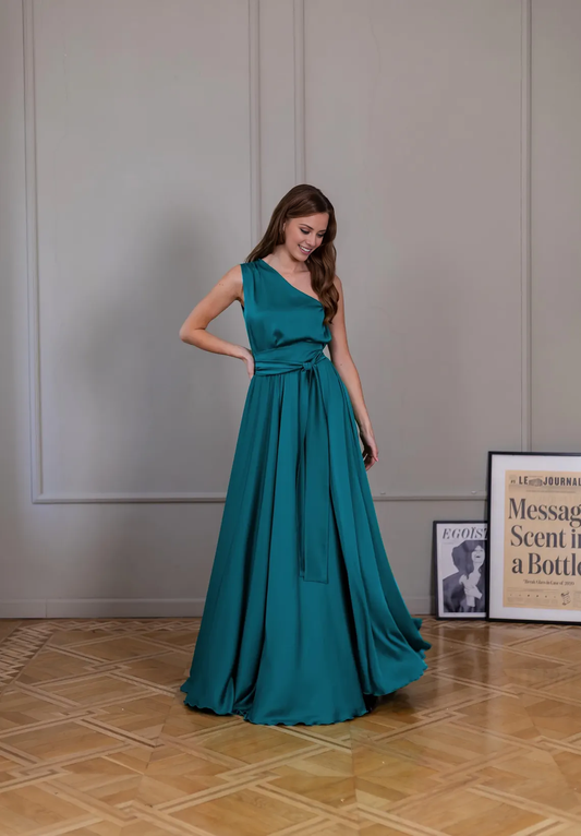 - Asymmetric collar backless satin and floor length Prom dress