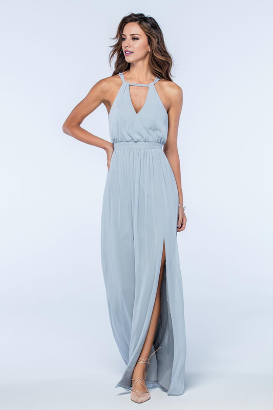 halter neckline off shoulder sleeveless backless and floor length evening dress