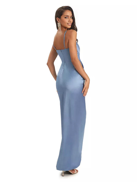 High Low Spaghetti Straps V-neck Mermaid Asymmetrical Soft Satin Bridesmaid Dresses