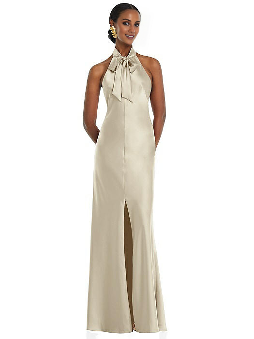 halter neckline off shoulder sleeveless backless side slit and floor length Prom dress